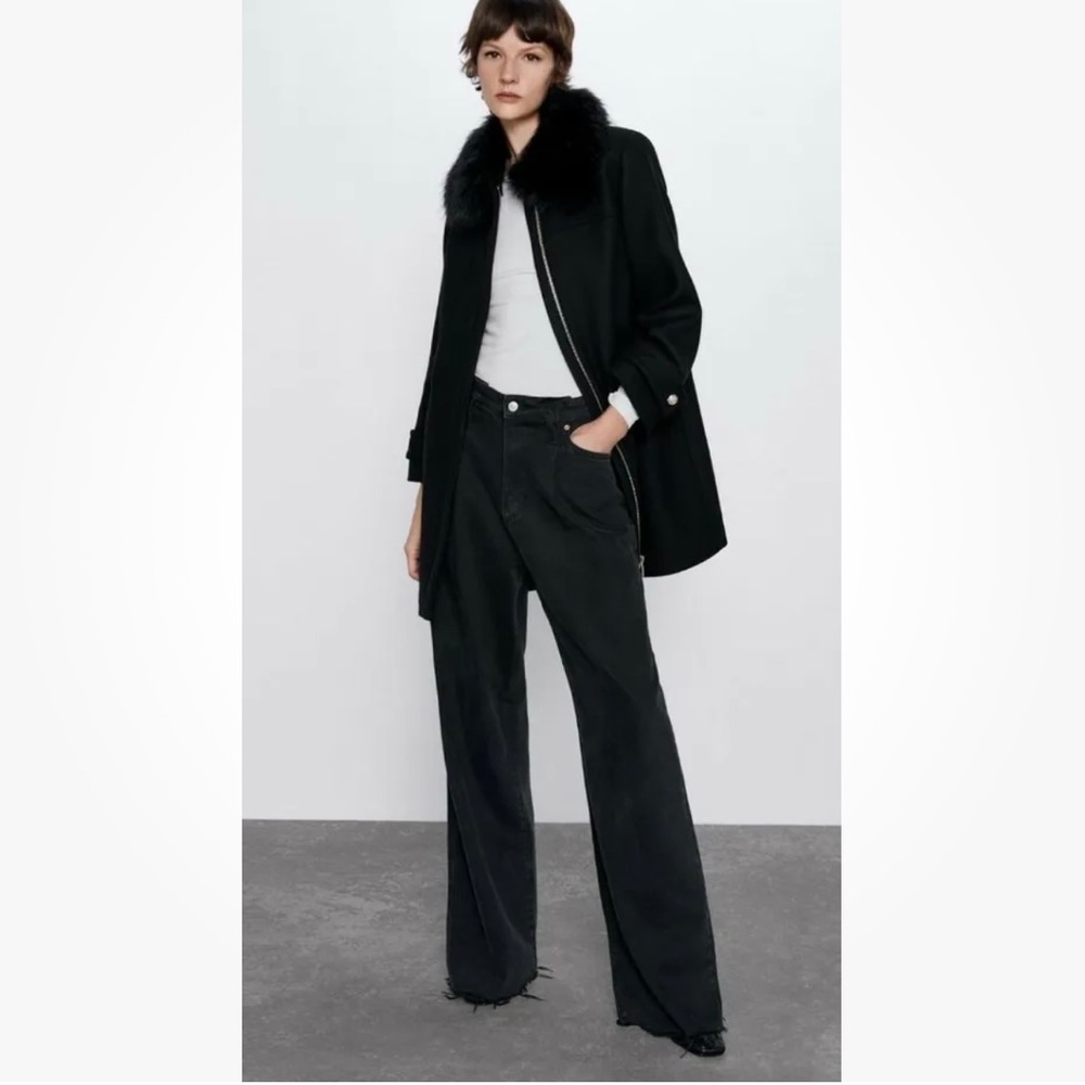 Zara Black Parka Coat Jacket With Faux Fur Trim Wool Blend Size S